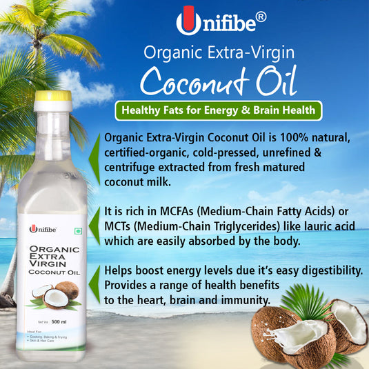 Unifibe® Extra Virgin Coconut Oil – Organic, Cold-Pressed, Unrefined, Perfect for Cooking, Skincare & Hair Care – Gluten-Free, Non-GMO - 500 ml Unifibe