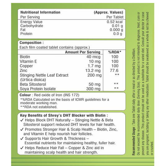 Shrey’s DHT Blocker with Biotin for Hair Growth & Hair Fall Control | Stinging Nettle, Zinc and Soya Protein| Supports Stronger, Thicker Hair – 60 Veg Capsules Shrey's