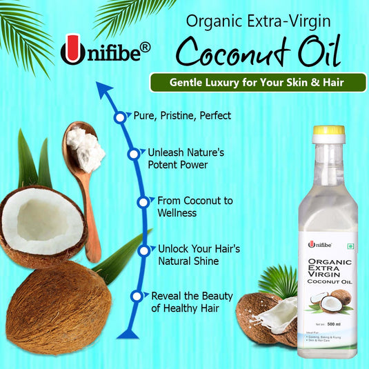 Unifibe® Extra Virgin Coconut Oil – Organic, Cold-Pressed, Unrefined, Perfect for Cooking, Skincare & Hair Care – Gluten-Free, Non-GMO - 500 ml Unifibe