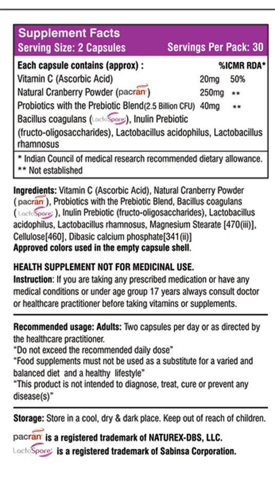 Biofibe® CR, Probiotics Wth Prebiotics & Cranberry Men & Women Supports Gut Health, Enhances Immune Function & Urinary Tract Support– 60 Capsules Shrey's