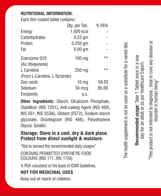 Shrey's Qvital-C, Coenzyme Q10, L-Carnitine, Zinc, Selenium - 30 Tabs (Heart Health & Energy Metabolism) Shrey's