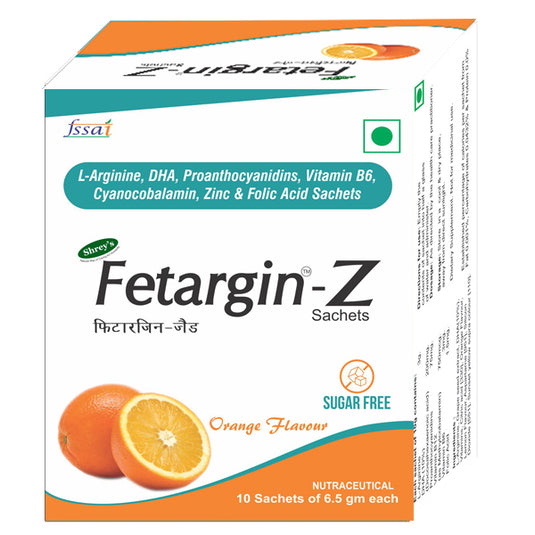 Shrey’s Fetargin-Z L-Arginine, DHA, Proanthocyanidins, Vitamin B6, Zinc, Folic Acid & Vitamin B12 Powder | Supports Energy, Pregnancy Wellness, Immunity & Heart Health | Orange Flavour | Sugar Free | 10 Sachets Shrey's
