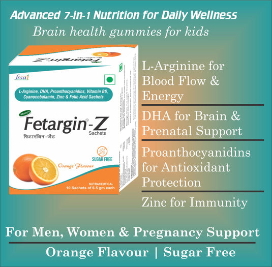 Shrey’s Fetargin-Z L-Arginine, DHA, Proanthocyanidins, Vitamin B6, Zinc, Folic Acid & Vitamin B12 Powder | Supports Energy, Pregnancy Wellness, Immunity & Heart Health | Orange Flavour | Sugar Free | 10 Sachets Shrey's