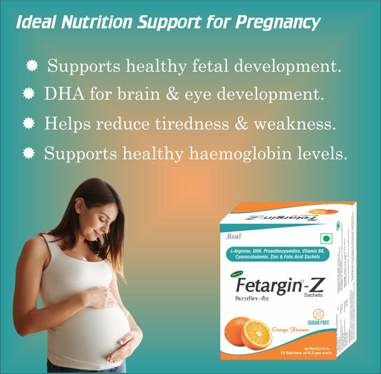 Shrey’s Fetargin-Z L-Arginine, DHA, Proanthocyanidins, Vitamin B6, Zinc, Folic Acid & Vitamin B12 Powder | Supports Energy, Pregnancy Wellness, Immunity & Heart Health | Orange Flavour | Sugar Free | 10 Sachets Shrey's