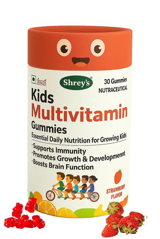 Shrey’s Kids Fruits & Veggies Multivitamin Gummies with 9 Vitamins, Zinc, Curcumin & DHA – Supports Immunity, Brain & Eye Health – Strawberry Flavor – 30 Gummies Shrey's