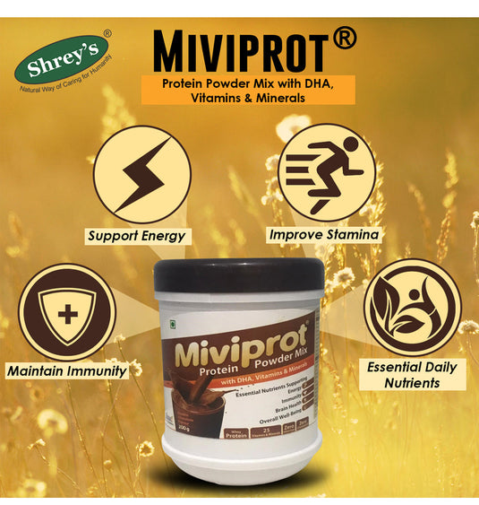 Shrey's Miviprot Whey Protein Supplement Powder with 25 Vitamins & Minerals and DHA for Energy, Immunity & Brain Health - Double Chocolate Flavor (Sugar Free) - 200 g Shrey's