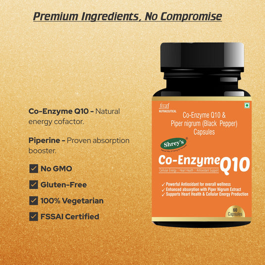 Shrey’s Coenzyme Q10 with Piperine – 60 Veg Capsules | Energy, Heart & Antioxidant Support | High Absorption Shrey's