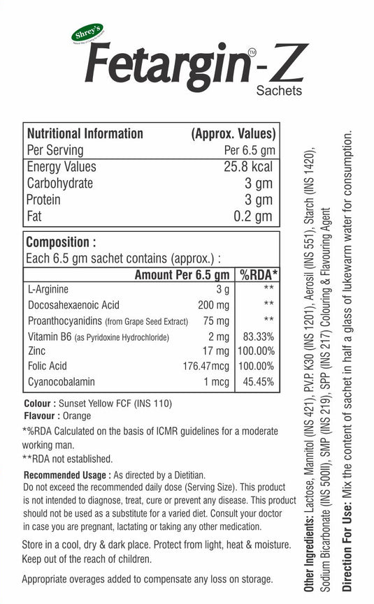 Shrey’s Fetargin-Z L-Arginine, DHA, Proanthocyanidins, Vitamin B6, Zinc, Folic Acid & Vitamin B12 Powder | Supports Energy, Pregnancy Wellness, Immunity & Heart Health | Orange Flavour | Sugar Free | 10 Sachets Shrey's