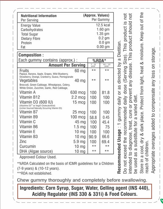 Shrey’s Kids Fruits & Veggies Multivitamin Gummies with 9 Vitamins, Zinc, Curcumin & DHA – Supports Immunity, Brain & Eye Health – Strawberry Flavor – 30 Gummies