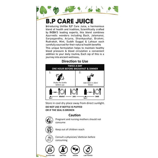 BP Care Ayurvedic Juice with Arjuna, Jatamansi & 7 Herbs | Supports Healthy Blood Pressure Levels | Herbal Heart & Circulation Support | 1 Litre Unifibe