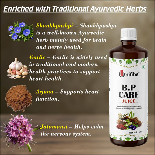 BP Care Ayurvedic Juice with Arjuna, Jatamansi & 7 Herbs | Supports Healthy Blood Pressure Levels | Herbal Heart & Circulation Support | 1 Litre Unifibe