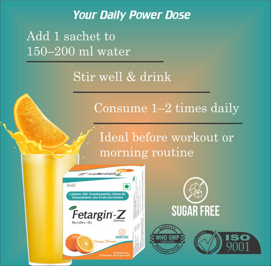 Shrey’s Fetargin-Z L-Arginine, DHA, Proanthocyanidins, Vitamin B6, Zinc, Folic Acid & Vitamin B12 Powder | Supports Energy, Pregnancy Wellness, Immunity & Heart Health | Orange Flavour | Sugar Free | 10 Sachets Shrey's